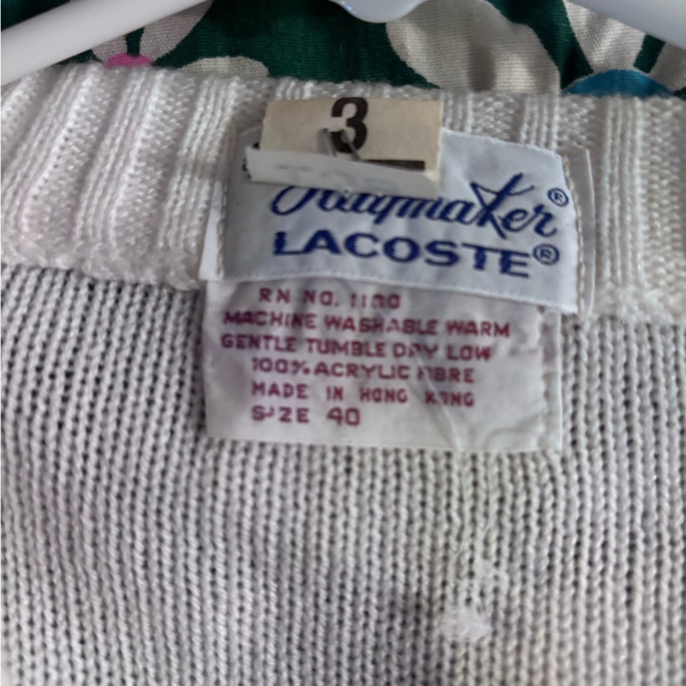 Vintage Lacoste Unisex V-Neck Cable Knit Sweater - Cream - Picture 4 of 5